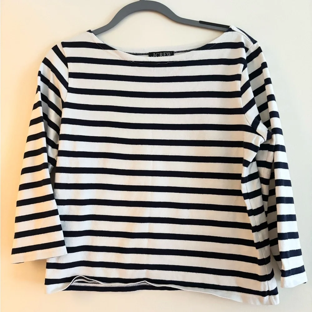 J. Crew Navy White Striped Boatneck Top Size S Classic Preppy Cotton